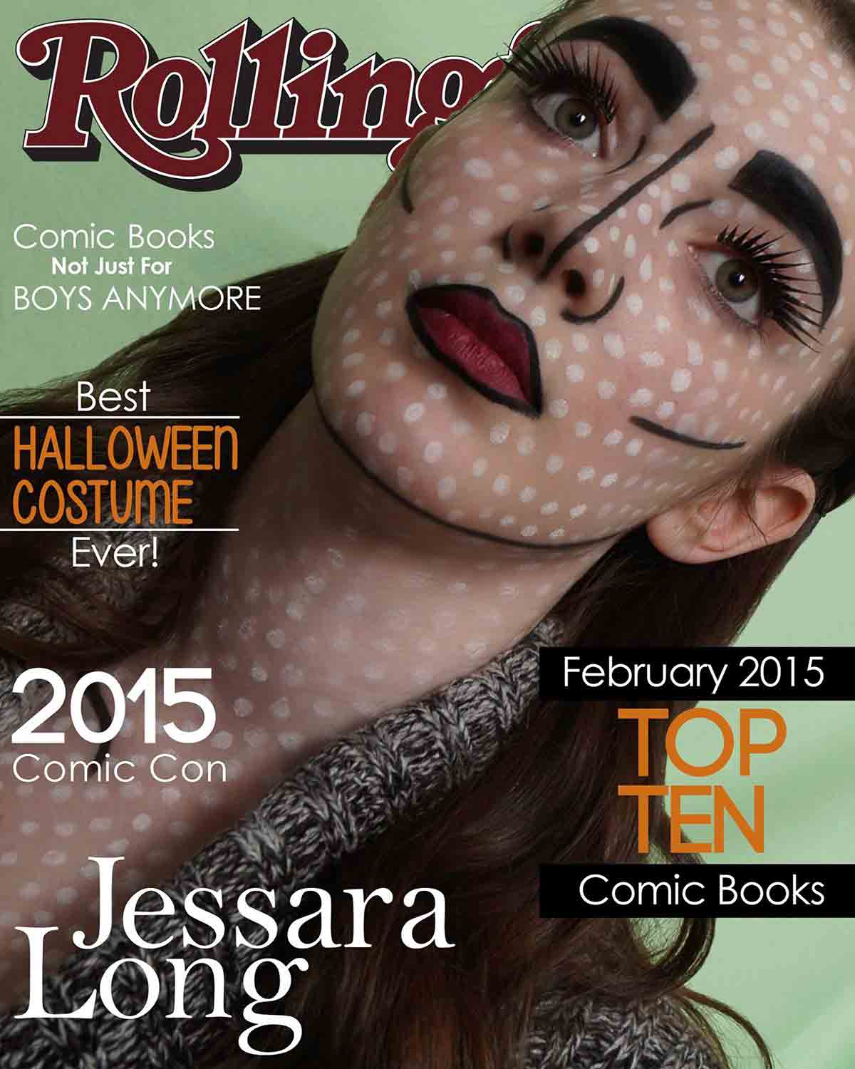 magazine cover for rolling stones with model wearing comic book makeup